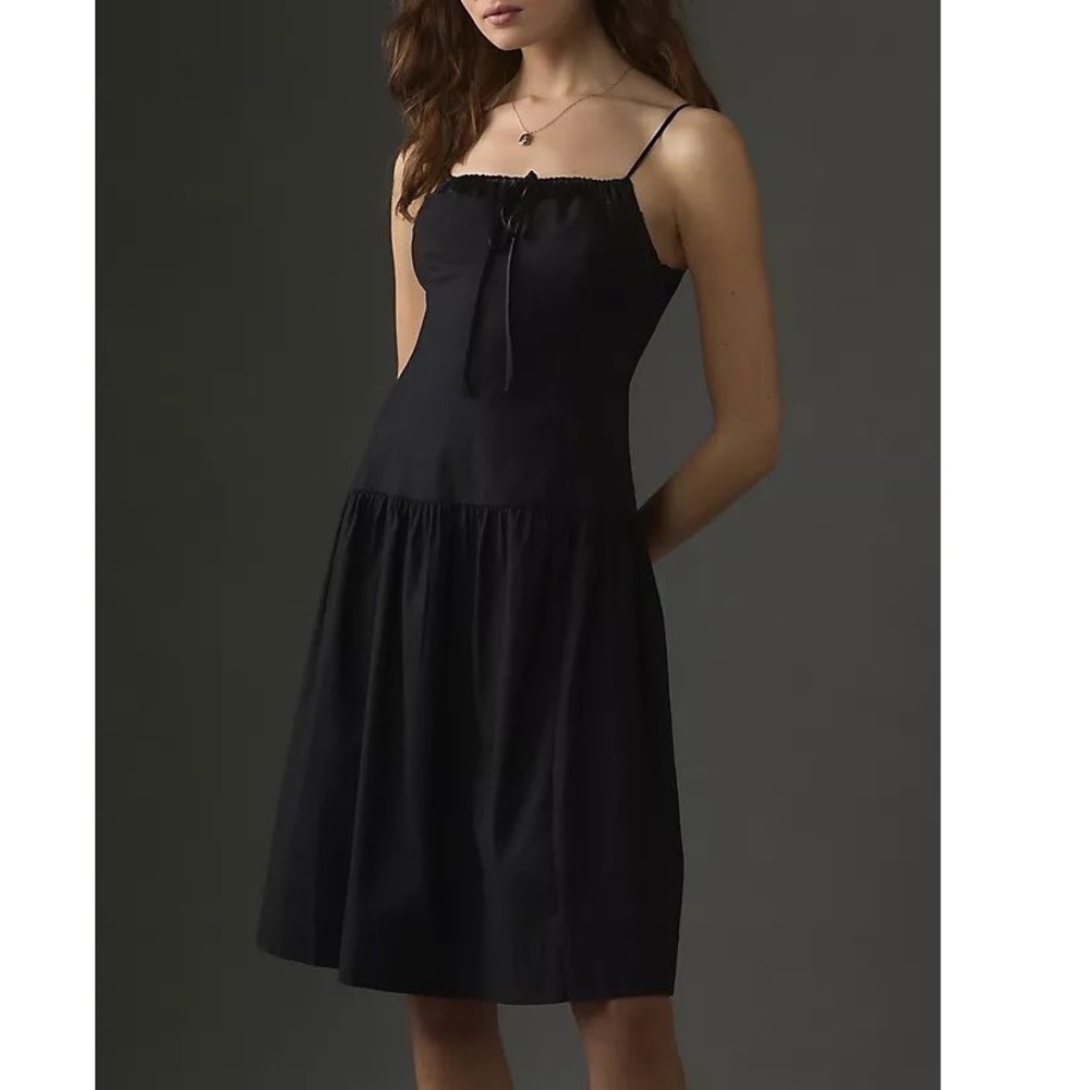 NEW Reformation Analise‎ Dress Size 8 Black Cotton Square Neck Midi Drop Waist